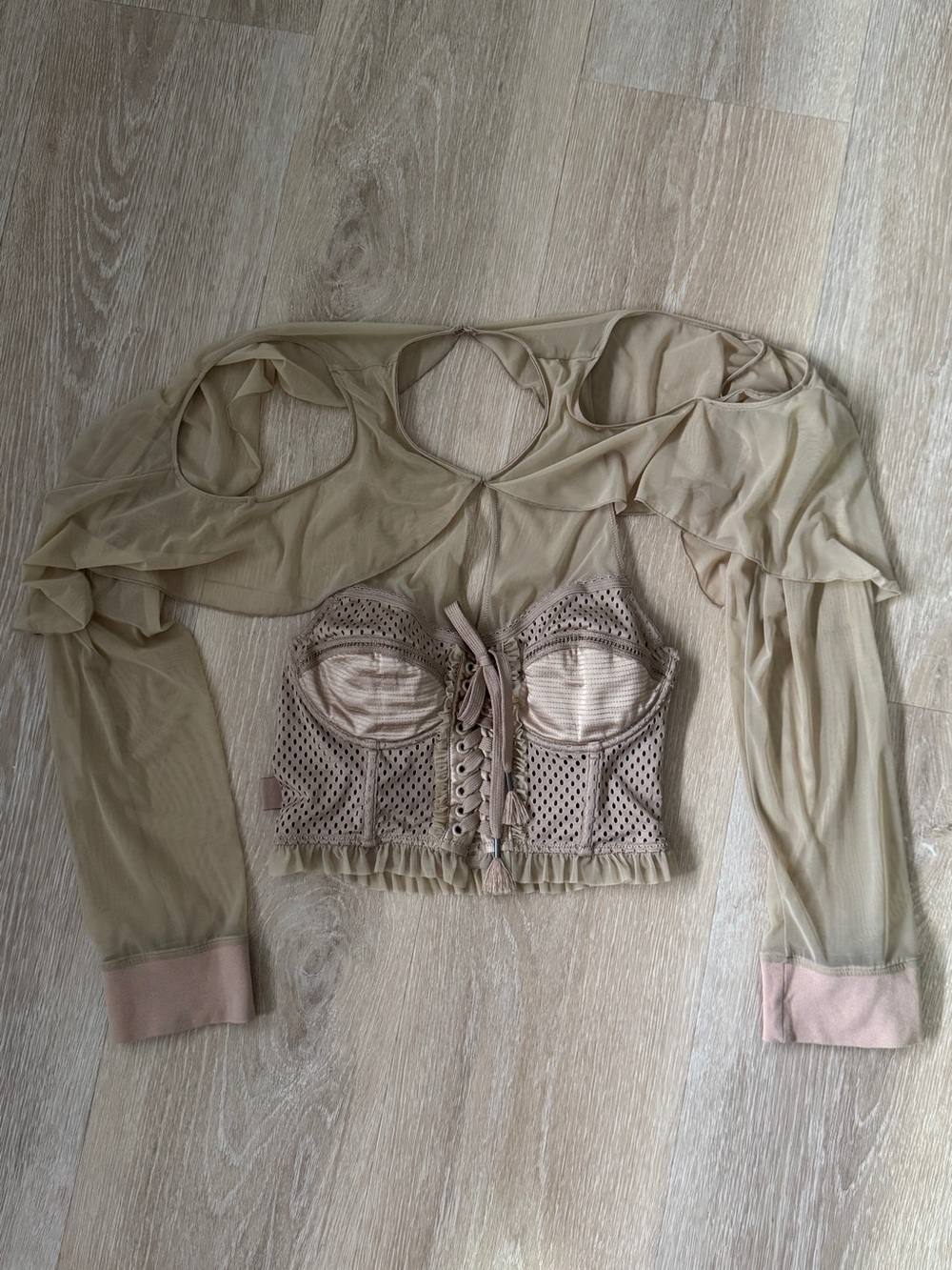 Fenty Beauty Nude Mesh Lace-Up Bustier with Sheer Sleeve Bolero